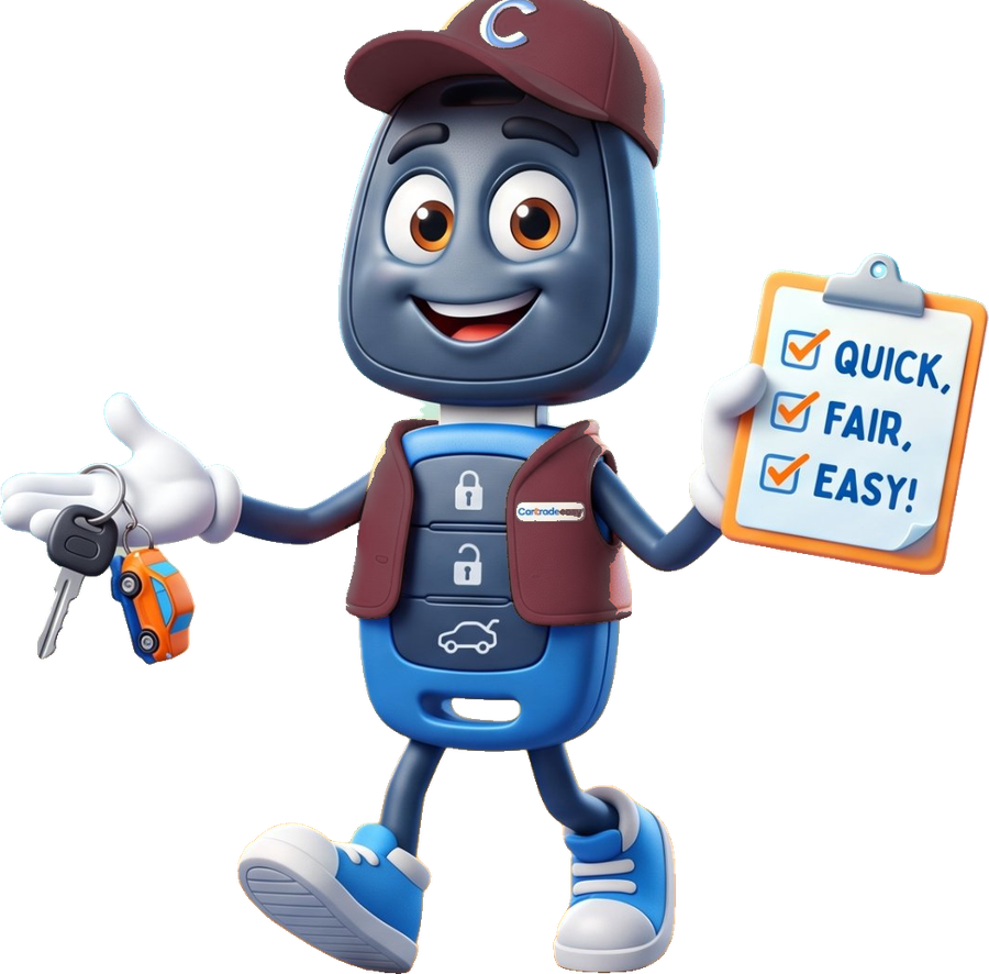 Val, the CarTradeEasy Valet: a friendly car key in a CarTradeEasy cap